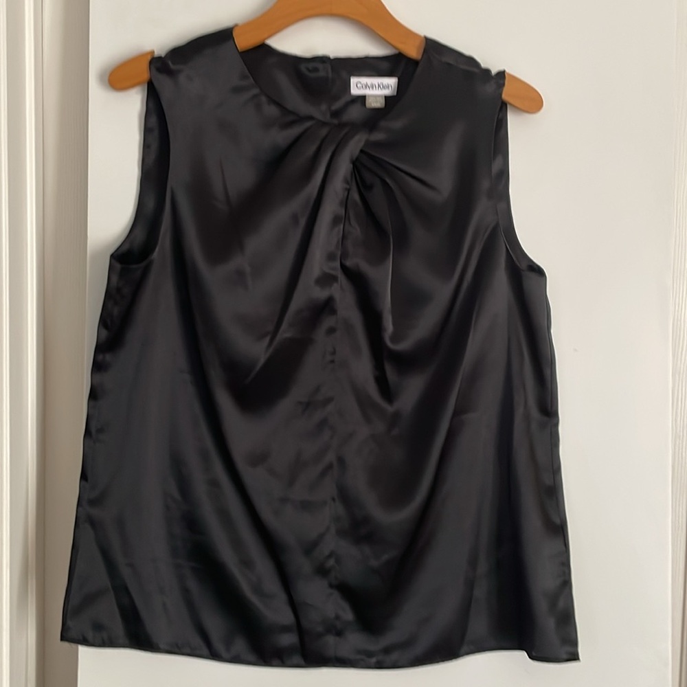 Black Satin Blouse Knotted Accent Sleeveless Top Crew Neck NWOT